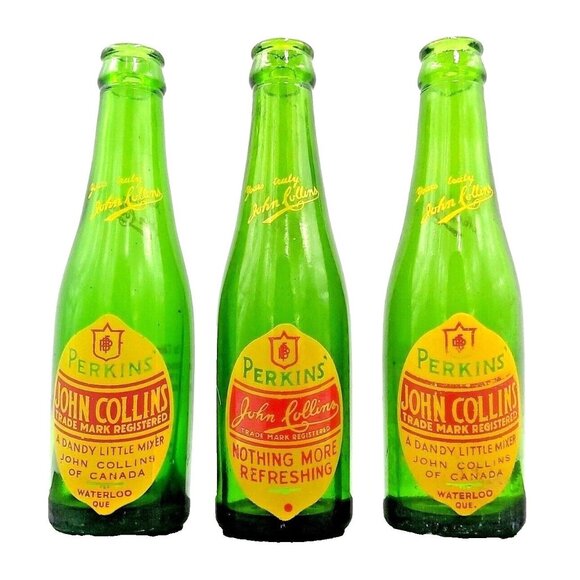 Vintage Perkins John Collins Soda Mixer Bottle Waterloo Ontario Green ACL Canada - Picture 1 of 11